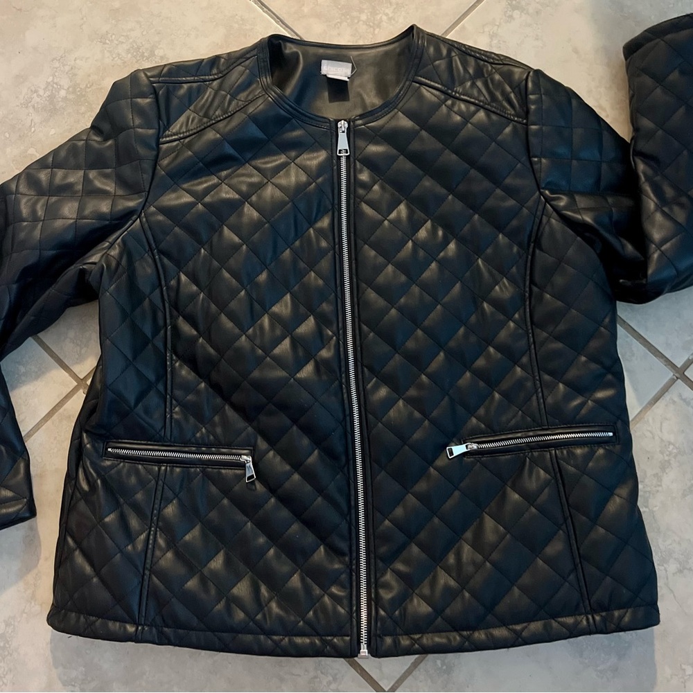 Chico’s faux leather quilted jacket gently worn condition Chico’s size 3